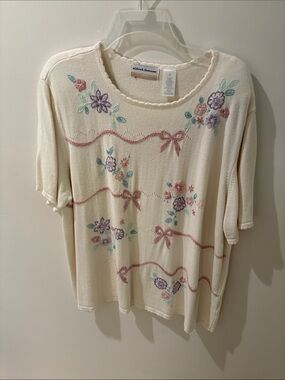 Alfred Dunner Cream Short-Sleeve Knit Top with Pastel Floral Embroidery